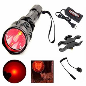 LED Hunting Flashlight, HS-802 250 Yards Cree Coyote Hog Red Light Flashlight with Remote Tactical Pressure Switch+ Barrel Mount+ 18650 Rechargeable Battery+ Charger for Hunting, Fishing