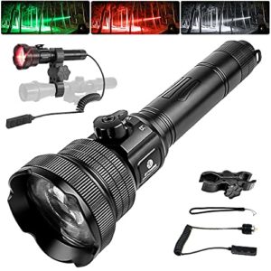 Brinyte T28 Red Green White LED Hunting Light, Zoomable Predator Flashlight with Remote Pressure Switch, IPX6 Waterproof Tactical Flashlight for Coyote Hogs Deer Coon Hunting