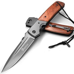 NedFoss Huge Pocket Knife for Men, 11'' Hunting Folding Knife with Wood Handle, 5'' Large Blade with Titanium Plated, Fishing Hiking Survival Knife, with Safety Liner Lock and Belt Clip (DA52)