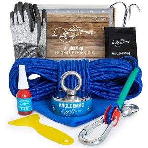 AnglerMag Magnet Fishing Kit, Strong Combined 1250 lb Double Sided Magnetic Fishing Kit with Rope, 9 Piece Complete Set, Fishing Magnet Kit for Salvage & Treasure Hunting in Rivers, Oceans & Lakes