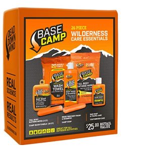 Base Camp Camping Hygiene Kit | 26 Piece | Wilderness Personal Care Essentials for Outdoors, Hunting & Backpacking | Camp Bar Soap, Body Wash & Shampoo for Body Odor, Body Cleanse Wipes, Wash Towel